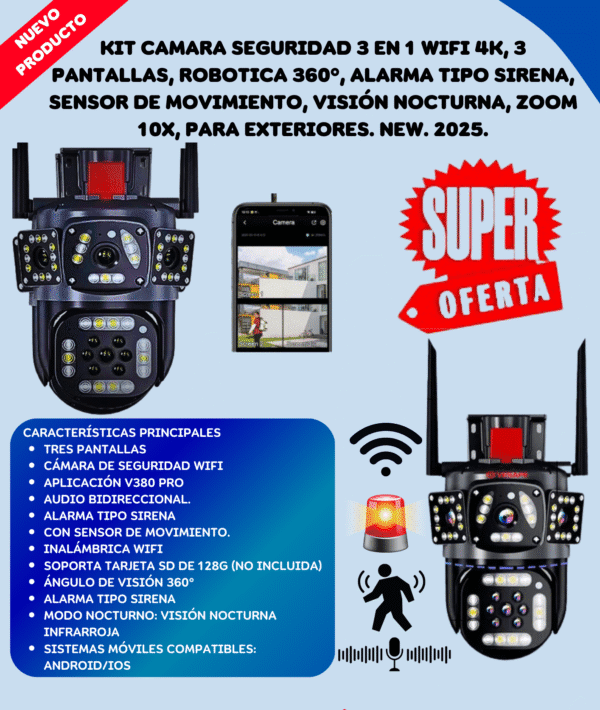 Camara Seguridad 3 Pantallas Sirena Wifi